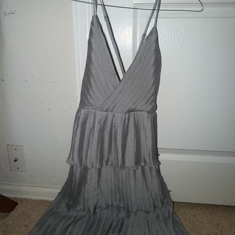 Lulu's Gray Tiered Plisse Spaghetti Strap Dress